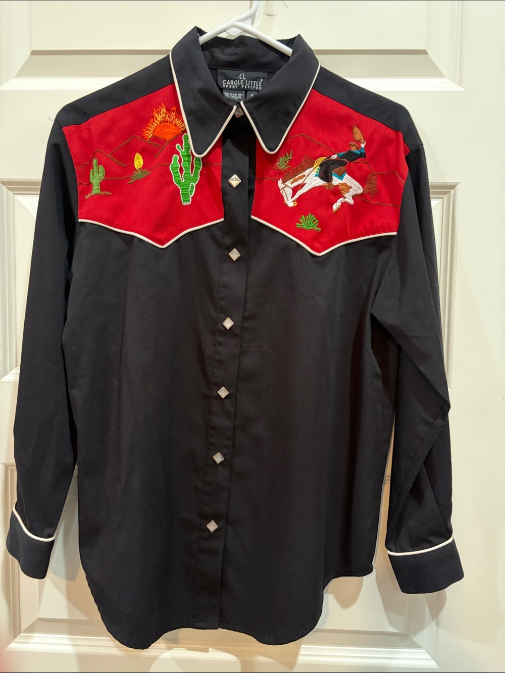 Carole Little Black Western Snap-Front Shirt with Red Embroidered Yokes.  Sz 6P